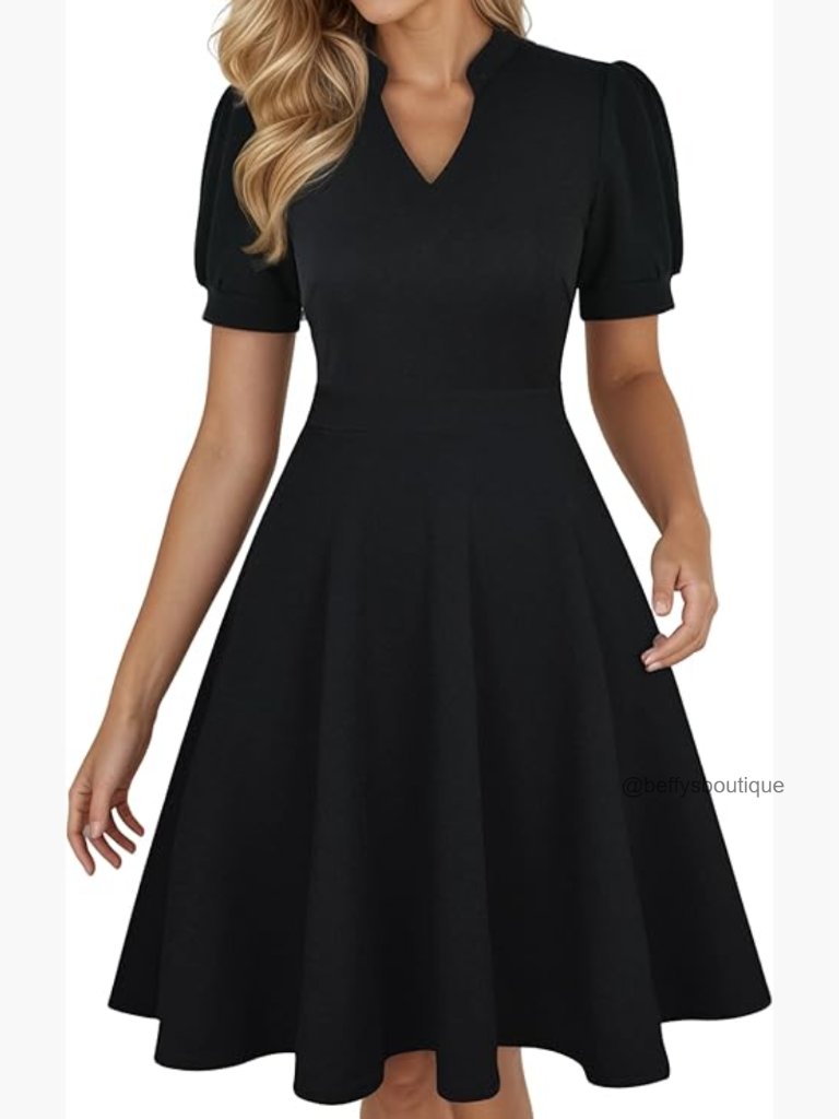 Puff Sleeve Fit And Flare Dress With Pockets, Semi-Formal Wedding Guest